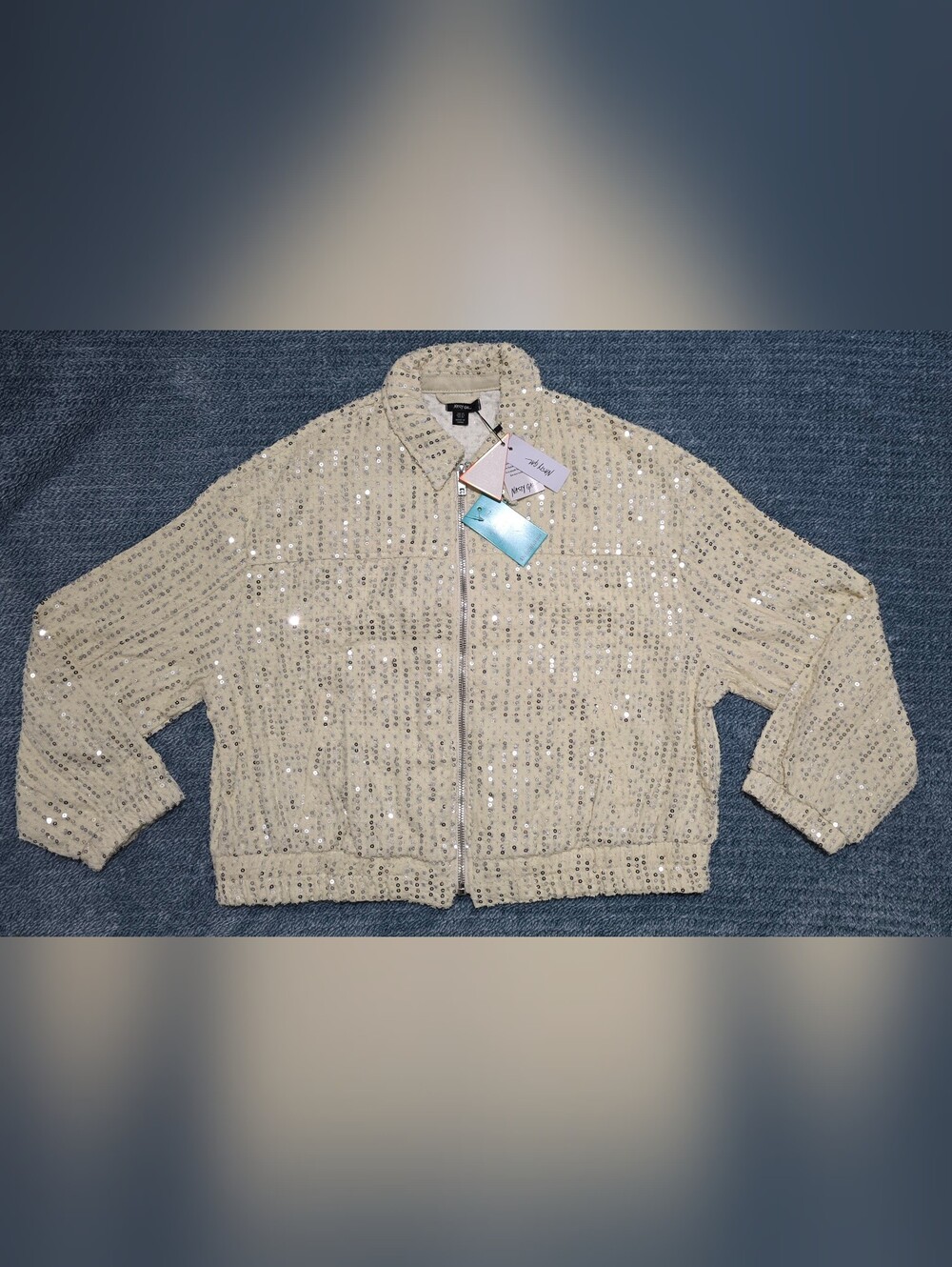 Denim Womena Sequin Zip-Up Jacket in Cream - Nasty Gal Size 10 Large/Extra Large - Picture 1 of 7